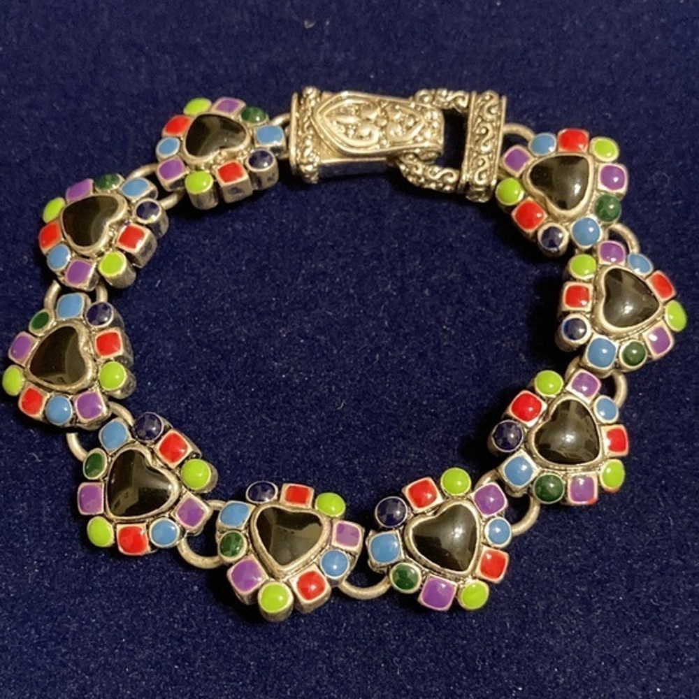 Multi-colored enamel and silver tone heart bracelet